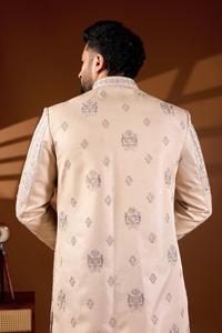 Veste Indowestern de Mariage de Luxe pour Homme, Style Sherwani, Broderie de Fils Pastel en Forme d'Arche de Pétales, Perles Fines et Micro-Paillettes Miroir, Tenue de Marié - Product Image 3