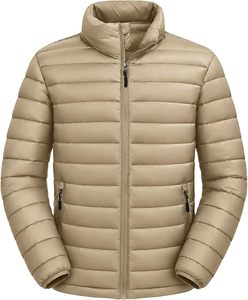 Chaqueta acolchada beige para hombre con cuello alto, ligera, con cierre de cremallera, a prueba de viento, para invierno. - Product Image 1