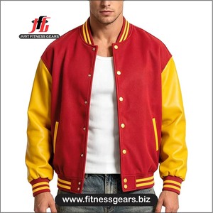 JUST FITNESS GEARS Men's Custom Eco-Friendly Heated Breathable <b>Varsity</b> <b>Jacket</b> <b>Red</b> <b>Black</b> Front Embroidery Stand Casual Winter - Product Image 3