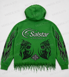 Sweat-shirt à capuche personnalisé vert vieilli avec strass pour homme, style streetwear, logo personnalisé, impression graphique et manches ornées - Product Image 2