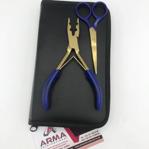 2 Hole Hair Plier Blue Coated with Gold Color <b>Micro</b> rings Stainless Steel Hair <b>Extension</b> Scissors with Needles and Clips - Product Image 1