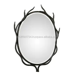 간단한 디자인 거울 수제 장식 타원형 모양 금속 나뭇 가지 프레임 금속 벽 거울 장식 거울 거실 장식