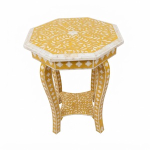Taburete moderno redondo con incrustaciones de hueso, mesa auxiliar artesanal con patrón en zigzag, mesa decorativa de madera de lujo personalizada para sala de estar u hotel - Product Image 3
