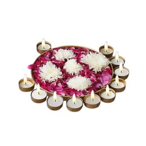 Traditional Indian Metal <b>Floating</b> Flower Urli Bowl with Attached Tealight <b>Candle</b> Holders for Diwali Festival and Home Decor - Product Image 1