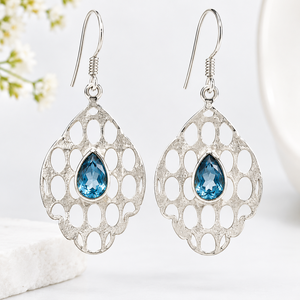 Boucles d'oreilles artisanales en zircon bleu pour femme, style classique, forme marquise, bijoux en gros - Product Image 3