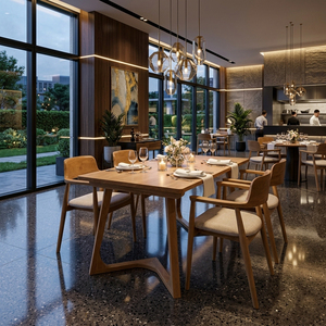 Ensemble de salle à manger scandinave moderne en teck 5 pièces avec chaises à dossier rembourré et table à pieds arqués pour la maison - Product Image 3