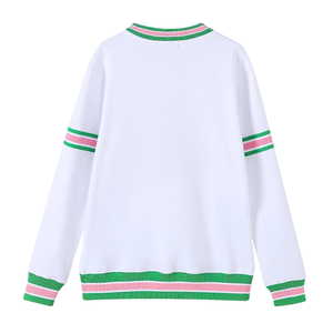 Sudadera Unisex AKA de Felpa Premium con Rayas Blancas, Cuello Redondo, Colores Blanco, Verde y Rosa, Estilo Griego Informal - Product Image 3