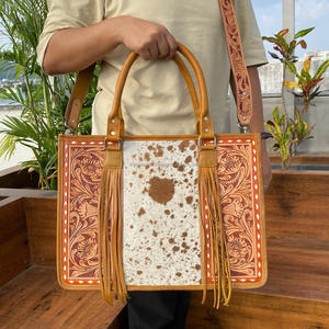 กระเป๋าโท้ทลายดอกไม้หนังแท้สำหรับผู้หญิงกระเป๋าช้อปปิ้งสะพายไหล่หนังวัวสะพายข้าง - Product Image 2