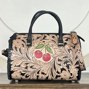 Handcrafted Cherry Hand <b>Tooled</b> Genuine Cowhide <b>Leather</b> Large Speedy Bag Western Floral Embossed Crossbody with Adjustable Strap - Product Image 4
