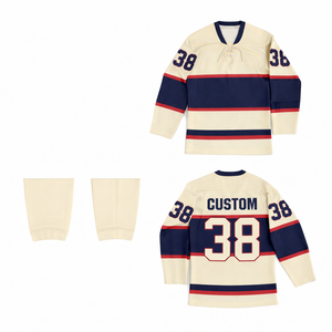 Maillot de hockey sur glace personnalisé en polyester sublimé, respirant, bleu crème rayé, impression de haute qualité, style vintage. - Product Image 1