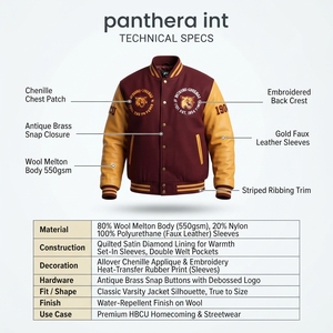 เสื้อแจ็คเก็ตวาร์ซิตี้ HBCU แบบพรีเมียมสั่งทำพิเศษ - สีแดงเลือดหมูผสมทอง ผ้าขนสัตว์ผสม 500GSM ปักลายเชนีล ซับในผ้าซาติน - Product Image 5