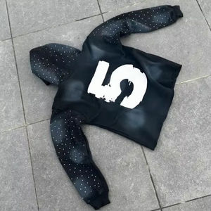 2026 En gros, Survêtement personnalisé de haute qualité pour hommes, avec pantalon de survêtement évasé et sweat à capuche, orné de strass, délavé soleil et effet vintage - Product Image 2