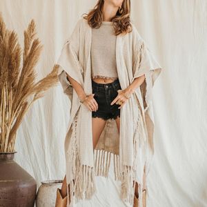 Robe kimono bohème beige à manches larges, kaftan en coton brut, cardigan déesse, veste nomade bio pour femme, manteau Tulum - Product Image 2