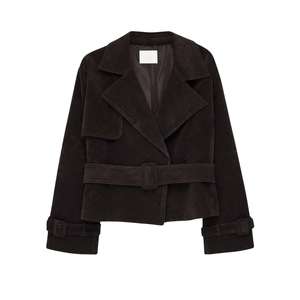 เสื้อโค้ทผู้หญิงแบบยาว ผ้าวูลผสมหนังกลับเทียม พร้อมเข็มขัด สีน้ำตาล สไตล์ลำลอง ผลิตจากโพลีเอสเตอร์รักษ์โลก รับผลิตแบบ OEM ODM - Product Image 1