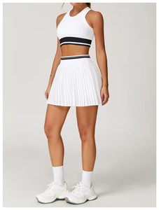 Women White Striped Tennis Crop Top And Pleated <b>Skirt</b> Set Breathable Spandex Polyester Sportswear Fitted Sleeveless Tank Style - Product Image 1