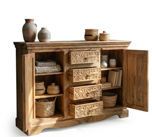 Aparador Rústico Tradicional Hecho a Mano con Madera de Mango Sólida, con 2 Puertas y 3 Cajones, Diseño Modular Ecológico para Comedores - Product Image 3