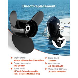 Hélice marine en aluminium à 15 cannelures pour moteur hors-bord Mercury/Mariner 135-300 CV, boîtier de 4 3/4 pouces - Product Image 2