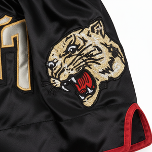 Muay Thai Shorts Black Red <b>Trim</b> Tiger Embroidery Front Logo Men's Martial Arts Wear Regular Fit Adult Size - Product Image 6