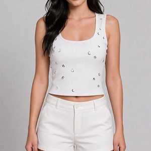 Affordable price Wholesales White Regular Tank <b>tops</b> Solid Square Neck Sleeveless Knitted Women's Breathable Tank <b>Top</b> Short BD - Product Image 4
