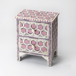 Table de chevet noire en os incrusté, faite à la main, avec accents floraux, table d'appoint, table de nuit, commode de rangement en bois sur mesure à 1 tiroir et 2 portes - Product Image 3