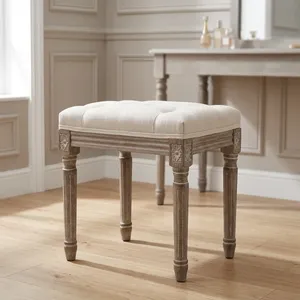 Taburete Tradicional Tapizado en Tela con Patas de Madera, Estilo Antiguo, Mueble para el Hogar, para Dormitorio o Sala de Estar - Product Image 4