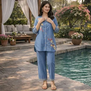 Women's Blue Embroidered Cotton Set <b>Three</b> <b>Quarter</b> Sleeve Loose Fit Full Length <b>Pants</b> Outfit Spring Summer Casual Wear - Product Image 1