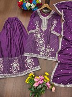 Ensemble ethnique haut de gamme Chinon avec broderie à sequins et fils multiples, comprenant un haut, un Sharara de 38 pouces à taille élastique et un Dupatta de 2,2 mètres, idéal pour les fêtes.