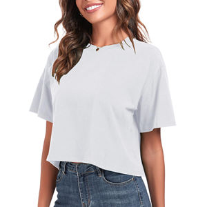 Women's <b>White</b> <b>Crop</b> <b>T</b>-<b>Shirt</b> Short Sleeve Crew Neck Loose Fit Casual Knitted Jersey Top Spring Summer Wear - Product Image 3