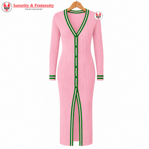 Alpha Kapa Women's Pink Knitted Long Sleeve <b>Sweater</b> Green Trim Front Slit O-Neck 100% Acrylic Anti-Wrinkle Embroidered Elegant - Product Image 5