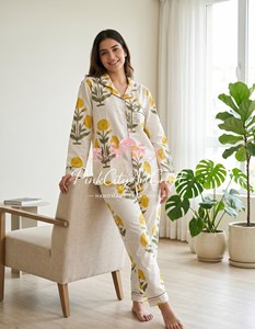 Premium Women's Cotton Floral Hand Block Printed Elegant 2-Piece Night Suit Long Sleeve Notch Collar Button-<b>Down</b> Full-Length - Product Image 5