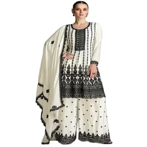 Color Blanco Diseñador Fancy Party Wear Chinnon Seda Bordado Kurti Con Plazo Dupatta | Trajes Salwar para mujer Fabricante India