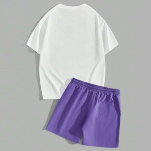 Ensemble 2 pièces pour homme : T-shirt blanc et violet uni, coupe ajustée, col rond, décontracté, été, en coton tricoté respirant, manches courtes et short - Product Image 2