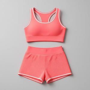 Ensemble 2 pièces de sport pour femme : Soutien-gorge dos nageur et short taille haute, sans couture, respirant, rose uni, pour yoga et activités sportives - Product Image 1