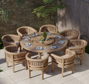 Ensemble de table à manger ronde d'extérieur en teck massif de luxe avec 8 chaises à accoudoirs en forme de baril, finition naturelle, meubles de jardin pour villa - Product Image 2