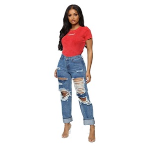 Pantalones Mom Jeans Coreanos de Moda al por Mayor, de Pierna Recta, de Cintura Alta, Rotos, para Mujer - Product Image 1