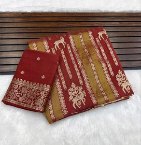 Tissu Jacquard Royal Wilderness Designer, Motif Cerf Traditionnel, Premium Khadi Crap Georgette, Tissage Jari, Teinture à la Main, pour Mariage et Diwali - Product Image 4
