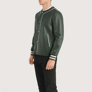 Blouson bomber en cuir PU vert pour homme, col rond, fermeture à boutons, vêtement décontracté d'automne, coupe classique, couleur unie - Product Image 4