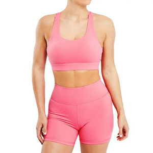 ชุดกางเกงขาสั้นออกกำลังกายและเสื้อชั้นในกีฬาสำหรับผู้หญิง คุณภาพสูง เป็นมิตรต่อสิ่งแวดล้อม ระบายอากาศได้ดี ผลิตจากผ้าสแปนเด็กซ์/ไนลอน ตาข่ายทึบลายเรียบ เอวยางยืด - Product Image 4