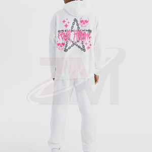 Autumn Wear 100% Cotton Casual Joggers With Front Print Men's <b>White</b> Hooded <b>Tracksuit</b> Set With Star Logo Full Sleeve Regular Fit - Product Image 2