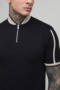 Men's Black Quarter-Zip T-Shirt <b>Set</b> With Contrast Trim Casual Summer Wear Cotton <b>Knitted</b> Breathable Shorts and Top custom logo - Product Image 6