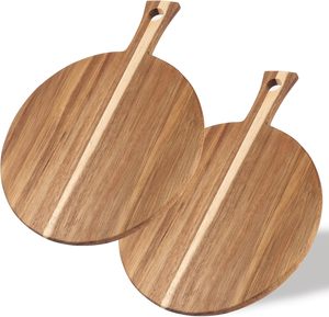 Eco Friendly Acacia Wood Cutting Board Round Pizza Board with Handle Kitchen Serving Tray for <b>Bread</b> Fruit - Product Image 1