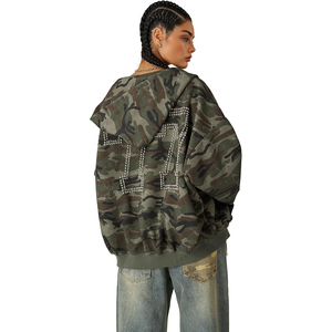 Sweat à capuche unisexe robuste avec fermeture éclair et strass, en molleton 100% coton épais, style vintage vieilli, épaules tombantes, écologique, automne - Product Image 3