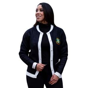 Cárdigan Blanco y Negro AKA para Mujer, Suéter Tejido con Letras Griegas, Abotonado, Premium, Cómodo, Elegante y Casual - Product Image 1