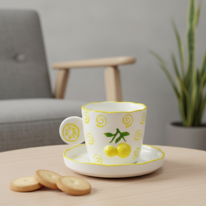 Taza y Platillo de Porcelana Fina de Primera Calidad 3460984B-0.2, con Estampado de Limón Amarillo y Espiral - Product Image 4