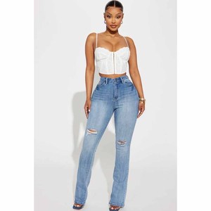 Hot Selling Simple Comfort Stretch Skinny <b>Boot</b> Cut <b>Vintage</b> Summer Women's High Rise Distressed Washed Denim Jeans - Product Image 3