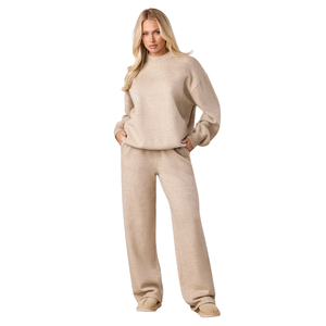 Womens Beige Knitted Crew Neck Sweater and Wide Leg <b>Pants</b> Set Soft Touch Lounge Wear Casual Winter Co Ord Outfit - Product Image 1