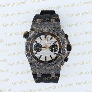 Luxury Wear Pass Diamond Tester Black Diamond White Dial D VVS Iced Out Moissanite Diamond Black Correa de goma Hip Hop Watch - Product Image 1