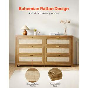 Modern 6-<b>Drawer</b> Double Dresser Natural Rattan <b>Chest</b> Walnut Bedroom Organizer Storage Living Room <b>Hallway</b> Furniture Metal Handle - Product Image 4