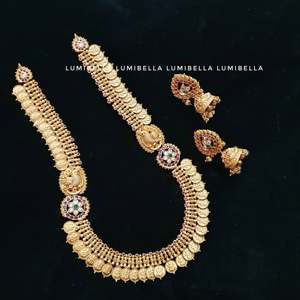 Fashion Jewelry Set Coin Style Long Haram with Lakshmi Peacock Embellishment - Product Image 1