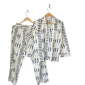 Women 100% Cotton Geometric Print Pajama Set Long Sleeve Turn-down Collar Full Length Breathable Casual Sleepwear - Product Image 1